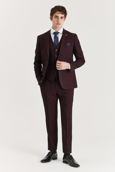 Regent Men’s Wine Check 3-Piece Suit – Prince of Wales, Tailored Fit, Stretch Fabric