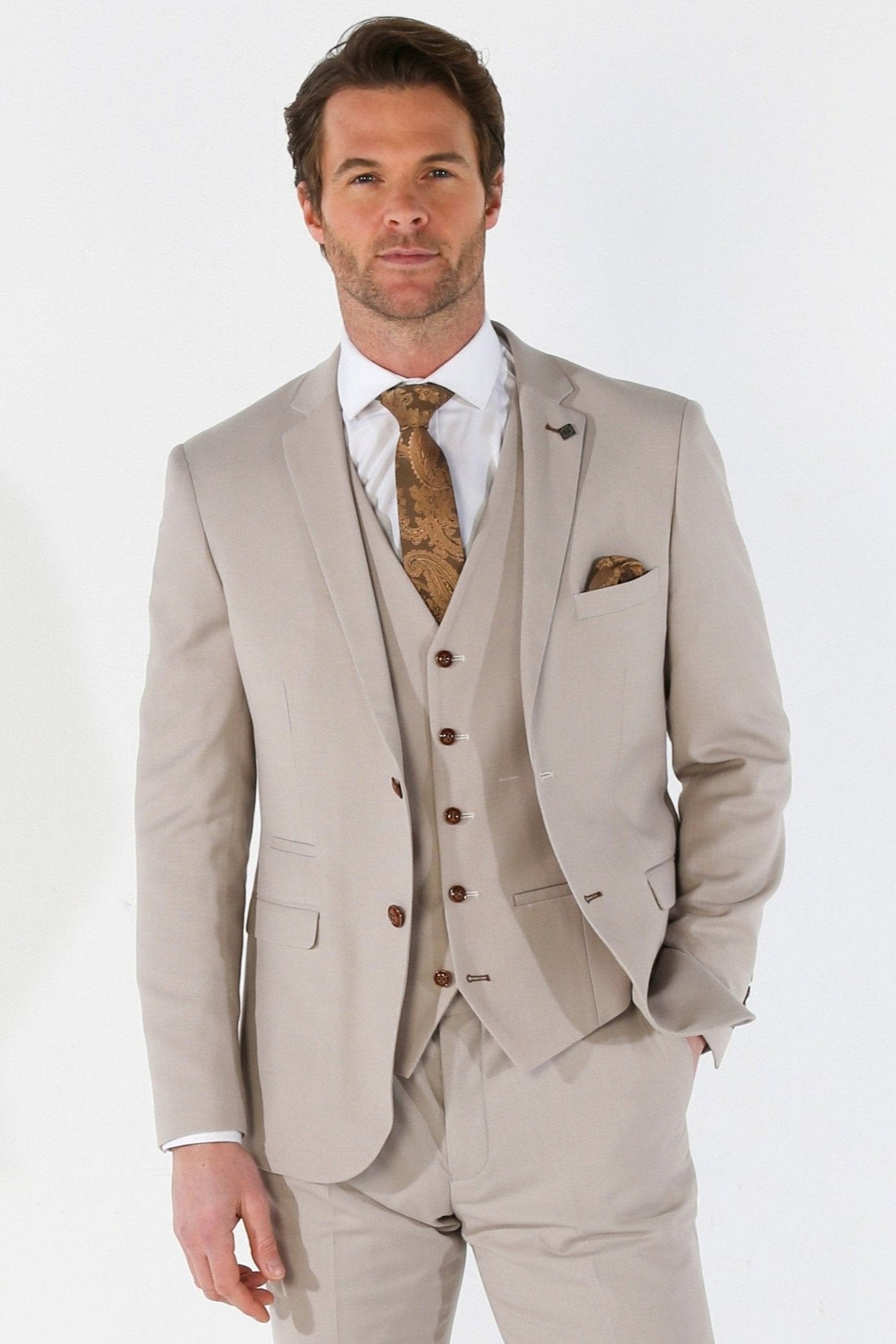 Mayfair Men's 3-Piece Beige Birdseye Wedding Suit.