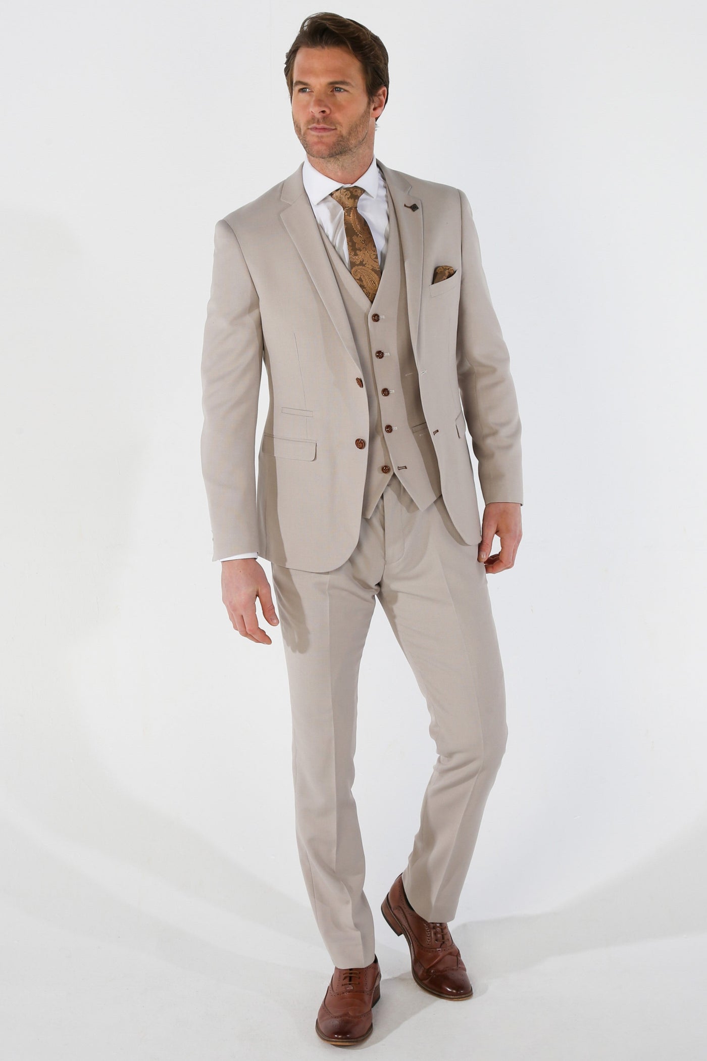 Mayfair Men's 3-Piece Beige Birdseye Wedding Suit.