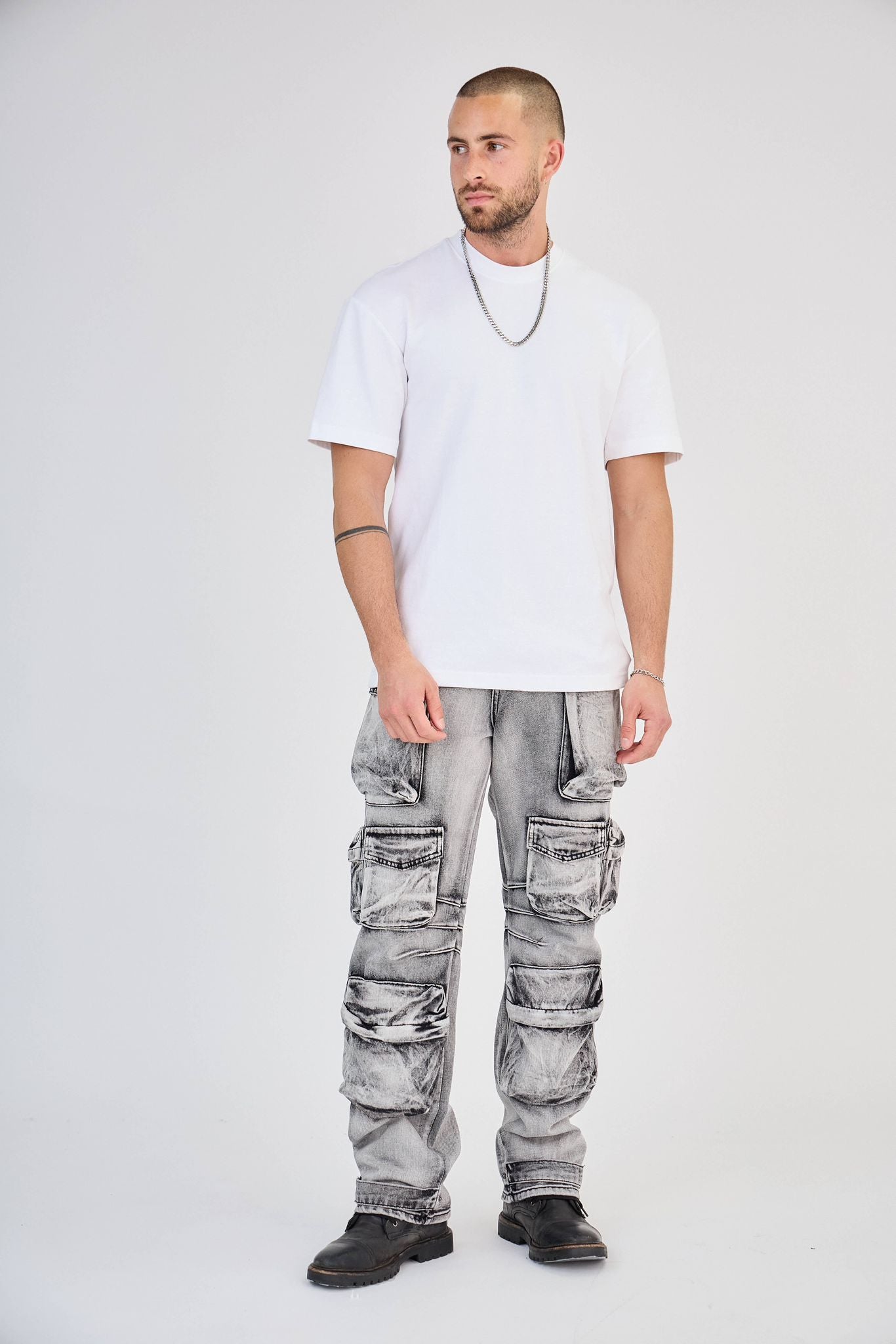 Grey Washed Cargo Jeans with Utility Pockets