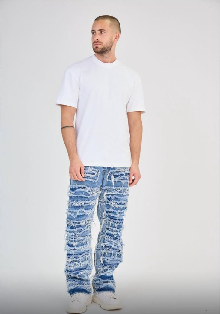 Sky Blue Shredded Stripe Jeans